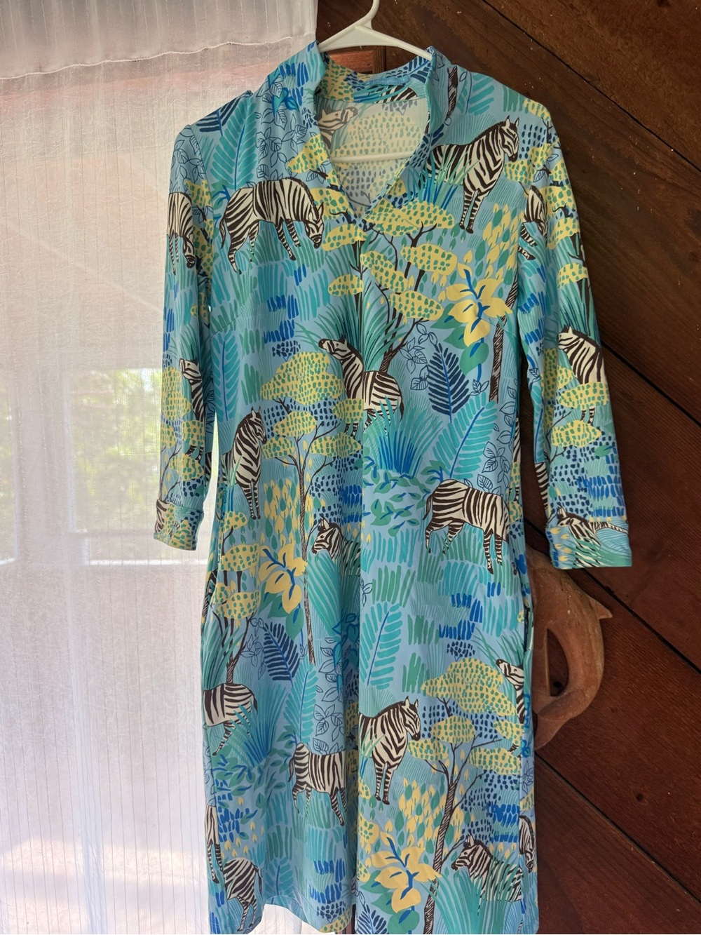 Zebra Print Blue Long Sleeve V-Neck Dress